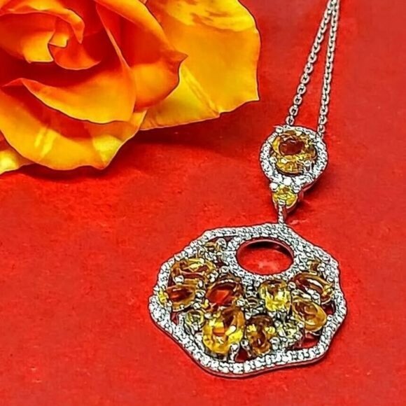 Natural Citrine & Cz 14K White‎ Gold on 925 Sterling Silver Necklace - Picture 2 of 5